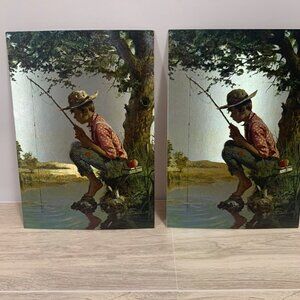 Vintage Dufex Royal Stationery Foil Art Print Boy Fishing Scene Postcards Set